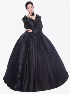 Victorian Retro Tudor Dress Costume Women's Black long Sleeves Matte Satin Victorian Era Style with Choker Vintage Clothing