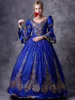 Victorian Retro Tudor Dress Costume Women's Royal Blue Half Sleeves Baroque Masquerade Ball Gowns with hat Royal Victorian Era Clothing Retro Costume