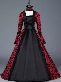 Victorian Retro Tudor Dress Costume Women's Red Bow Floral Print Square Neckline Long Sleeves Matte Satin Dress Victorian Era Style Ball Gown Burgundy