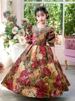 Victorian Rococo Costumes Colored Floral Print Dress Girl's Retro Dress