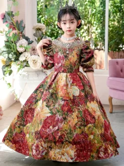 Victorian Rococo Costumes Colored Floral Print Dress Girl's Retro Dress