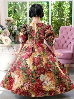 Victorian Rococo Costumes Colored Floral Print Dress Girl's Retro Dress