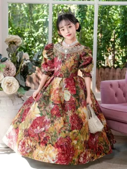 Victorian Rococo Costumes Colored Floral Print Dress Girl's Retro Dress