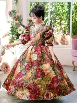 Victorian Rococo Costumes Colored Floral Print Dress Girl's Retro Dress