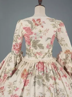 Victorian Rococo Costumes Floral Print Lace Ruffles Polyester Marie Antoinette Dress