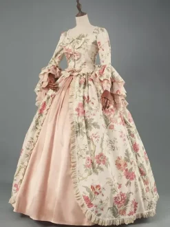 Victorian Rococo Costumes Floral Print Lace Ruffles Polyester Marie Antoinette Dress