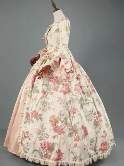 Victorian Rococo Costumes Floral Print Lace Ruffles Polyester Marie Antoinette Dress
