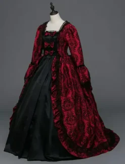 Victorian Tudor Dress Baroque Masquerade Ball Gowns Burgundy Long Sleeve Vintage