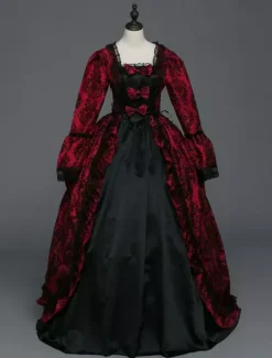 Victorian Tudor Dress Baroque Masquerade Ball Gowns Burgundy Long Sleeve Vintage