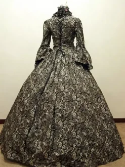 Victorian Tudor Dress Costume Baroque Costume Lace Ruffles Printed Trumpet sleeves Vintage Viactorian era Clothing Long Party Dresses with Choker Burgundy