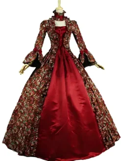 Victorian Tudor Dress Costume Baroque Costume Lace Ruffles Printed Trumpet sleeves Vintage Viactorian era Clothing Long Party Dresses with Choker Burgundy