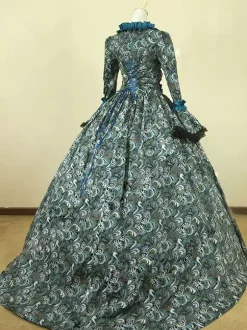 Victorian Tudor Dress Costume Baroque Costume Lace Ruffles Printed Trumpet sleeves Vintage Viactorian era Clothing Long Party Dresses with Choker Burgundy