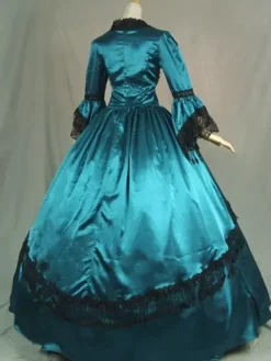 Victorian Tudor Dress Costume Long Sleeves Teal Ruffles Silk Long Sleeves Lace Dress Victorian era Style Masquerade Ball Gown Dress
