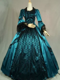 Victorian Tudor Dress Costume Long Sleeves Teal Ruffles Silk Long Sleeves Lace Dress Victorian era Style Masquerade Ball Gown Dress
