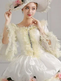 Victorian Tudor Dress Costume Women's Victorian era Clothing White Square Neckline Ball Gown Pageant Dress With Flowers Outfits
