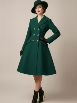 Vintage A-line Double-breasted Woolen Flared Midi Coat For Women 2026