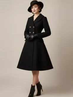 Vintage A-line Double-breasted Woolen Flared Midi Coat For Women 2026