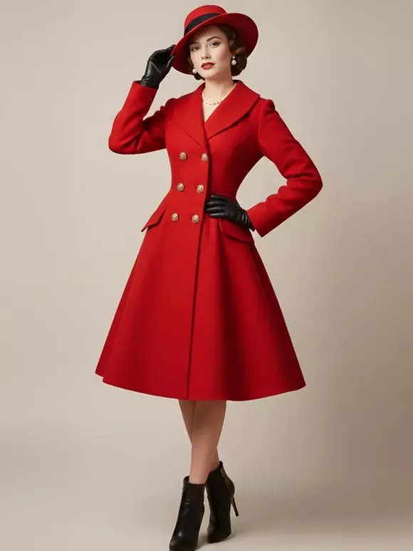 Vintage A-line Double-breasted Woolen Flared Midi Coat For Women 2026