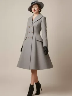 Vintage A-line Double-breasted Woolen Flared Midi Coat For Women 2026