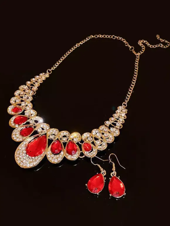 Vintage Alloy Rhinestones Nacklace And Earrings Set Retro Jewelry Set