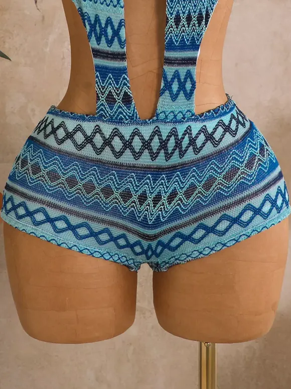 Vintage Chevron Knit Halter Cutout One Piece Bikini 3 Piece Set With Cover Up Shorts
