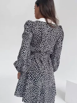 Vintage Ditsy Floral Women's Tea Dress - Puff Sleeve Belted Mini Dress - Pointed Collar Romantic Date Night Outfits 2026