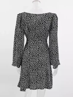 Vintage Ditsy Floral Women's Tea Dress - Puff Sleeve Belted Mini Dress - Pointed Collar Romantic Date Night Outfits 2026