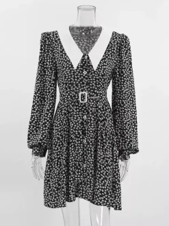 Vintage Ditsy Floral Women's Tea Dress - Puff Sleeve Belted Mini Dress - Pointed Collar Romantic Date Night Outfits 2026