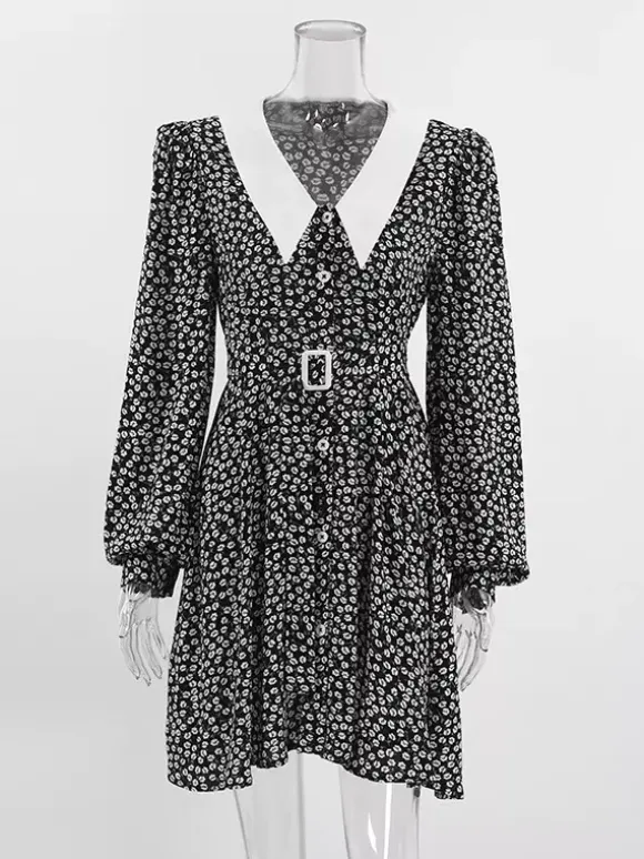 Vintage Ditsy Floral Women's Tea Dress - Puff Sleeve Belted Mini Dress - Pointed Collar Romantic Date Night Outfits 2026