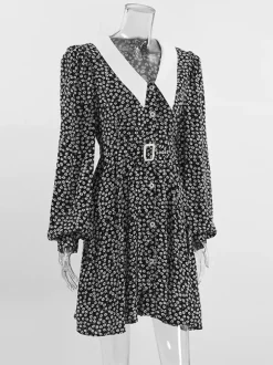 Vintage Ditsy Floral Women's Tea Dress - Puff Sleeve Belted Mini Dress - Pointed Collar Romantic Date Night Outfits 2026