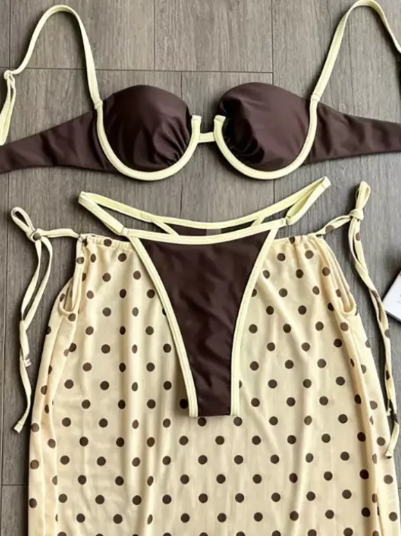 Vintage Dot Print Cover Up Maxi Skirt Matching Underwire Bikini High Cut Thong 3 Piece Beach Outfit