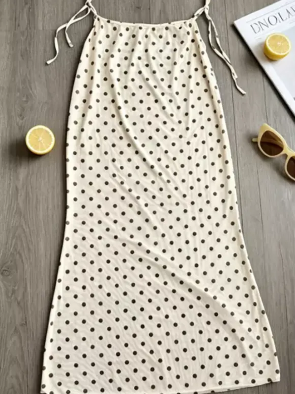Vintage Dot Print Cover Up Maxi Skirt Matching Underwire Bikini High Cut Thong 3 Piece Beach Outfit