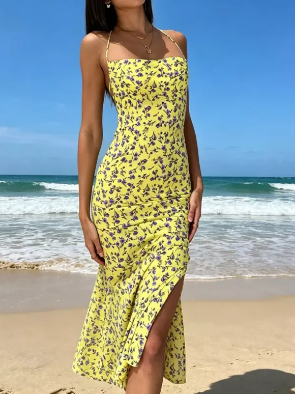 Vintage Dress Floral Halter Backless Sleeveless Backless Side Slit Sexy Summer Knee Length Dress