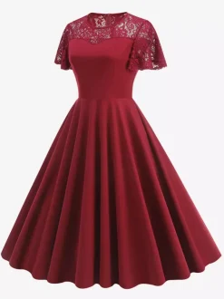 Vintage Dress 1950s Style Jewel Neck Lace Short Sleeves Medium Burgundy Swing Dress