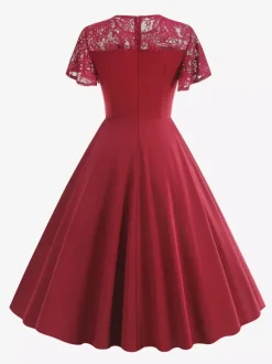Vintage Dress 1950s Style Jewel Neck Lace Short Sleeves Medium Burgundy Swing Dress