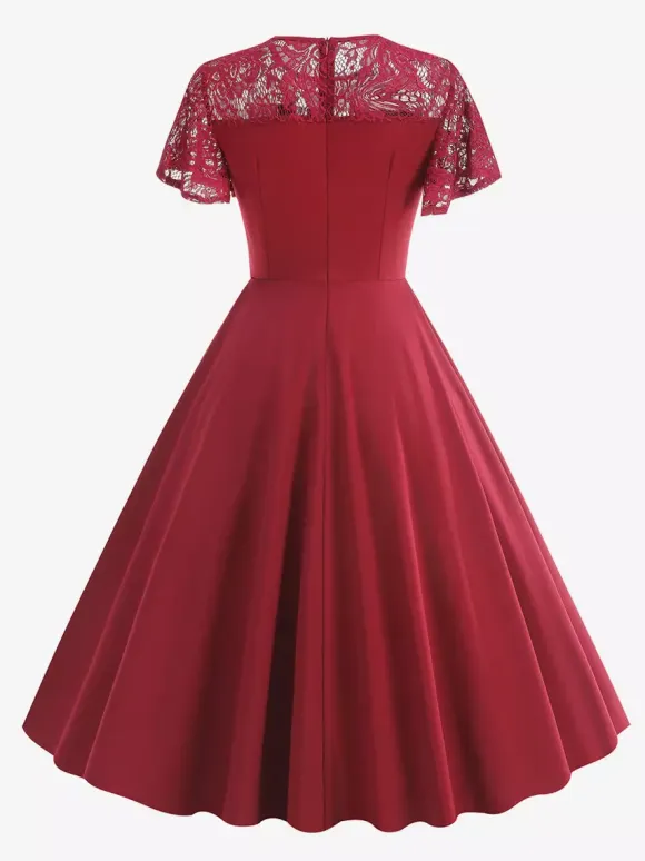Vintage Dress 1950s Style Jewel Neck Lace Short Sleeves Medium Burgundy Swing Dress