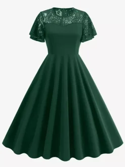 Vintage Dress 1950s Style Jewel Neck Lace Short Sleeves Medium Burgundy Swing Dress