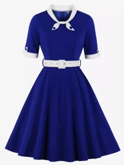 Vintage Dress 1950s Yellow Two-Tone Bows Short Sleeves Embellished Collar Medium Swing Dress