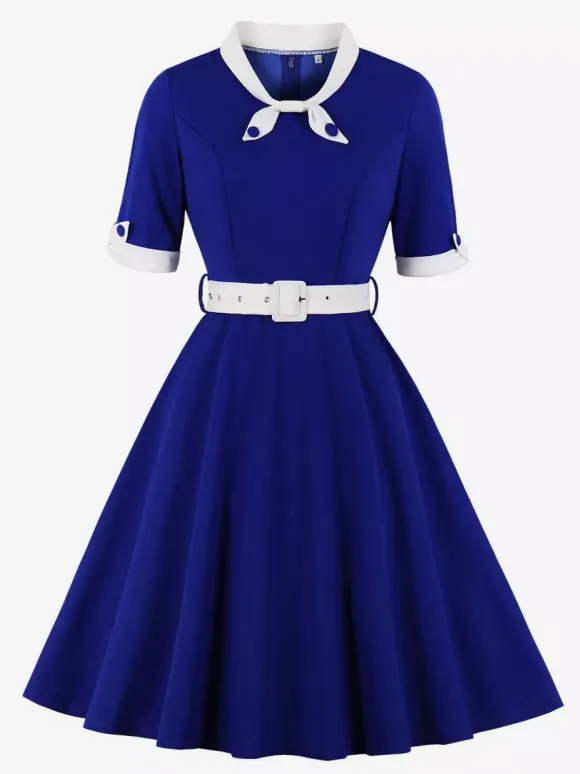 Vintage Dress 1950s Yellow Two-Tone Bows Short Sleeves Embellished Collar Medium Swing Dress