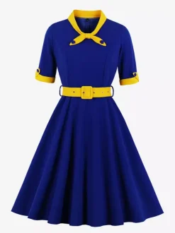 Vintage Dress 1950s Yellow Two-Tone Bows Short Sleeves Embellished Collar Medium Swing Dress