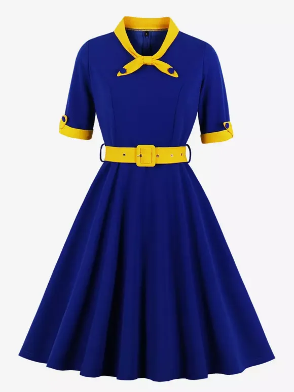 Vintage Dress 1950s Yellow Two-Tone Bows Short Sleeves Embellished Collar Medium Swing Dress