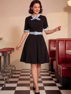 Vintage Dress 1950s Yellow Two-Tone Bows Short Sleeves Embellished Collar Medium Swing Dress
