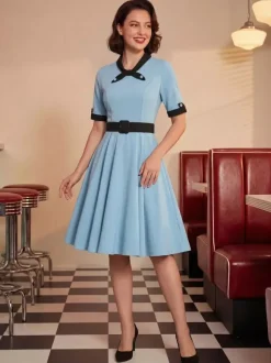 Vintage Dress 1950s Yellow Two-Tone Bows Short Sleeves Embellished Collar Medium Swing Dress