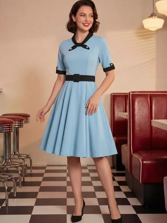 Vintage Dress 1950s Yellow Two-Tone Bows Short Sleeves Embellished Collar Medium Swing Dress