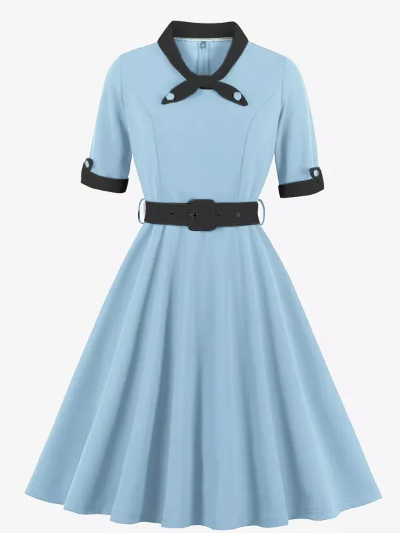 Vintage Dress 1950s Yellow Two-Tone Bows Short Sleeves Embellished Collar Medium Swing Dress