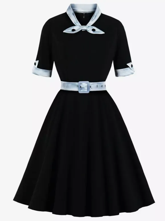 Vintage Dress 1950s Yellow Two-Tone Bows Short Sleeves Embellished Collar Medium Swing Dress