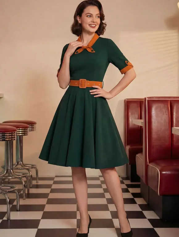 Vintage Dress 1950s Yellow Two-Tone Bows Short Sleeves Embellished Collar Medium Swing Dress