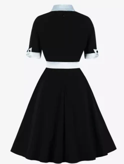 Vintage Dress 1950s Yellow Two-Tone Bows Short Sleeves Embellished Collar Medium Swing Dress