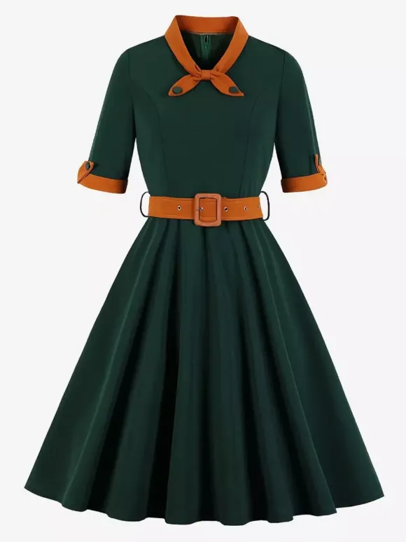 Vintage Dress 1950s Yellow Two-Tone Bows Short Sleeves Embellished Collar Medium Swing Dress