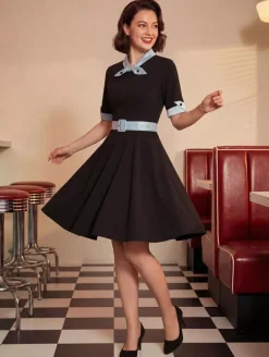 Vintage Dress 1950s Yellow Two-Tone Bows Short Sleeves Embellished Collar Medium Swing Dress
